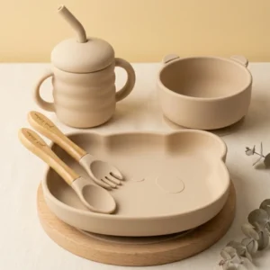 Just Kiddin silikonski set za hranjenje+čaša Beige